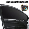 A black magnetic car sunshade is shown installed on a vehicle's window, with an inset showing the product packaging.