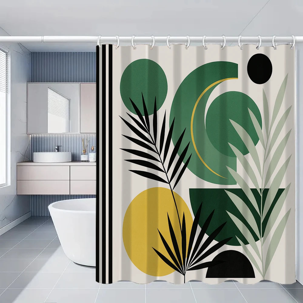 A bathroom shower curtain featuring a modern floral design with green, yellow, and black leaf shapes.