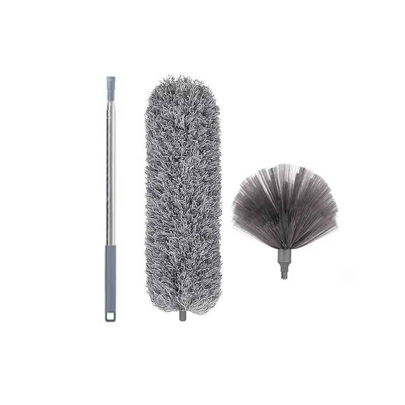 Extendable microfiber duster with two heads for cleaning high ceilings and fans