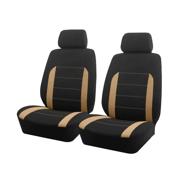 Un juego de fundas universales para asientos de coche de poliéster negro con ribetes y reposacabezas color caqui.