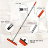 A rubber broom and carpet rake with an adjustable handle shown with various components and usage tips.