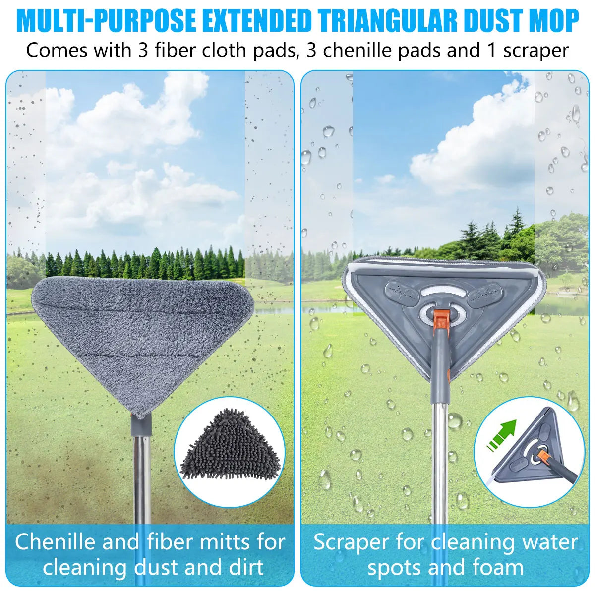 Multi-purpose extended triangular dust mop with fiber cloth pads, chenille pads, and a scraper for cleaning water spots.