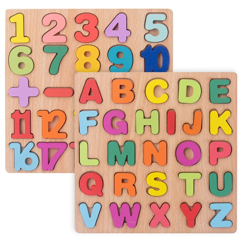 A wooden puzzle board featuring uppercase and lowercase letters, numbers, and basic shapes for toddlers.