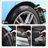 A bottle of QIFENGHE Tire Shine Spray is shown next to a car tire and wheel.