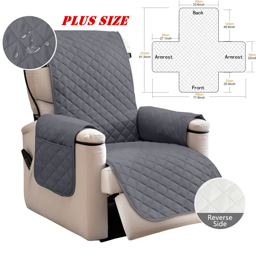 Gray waterproof non-slip recliner sofa cover with side pockets shown from the back and front.