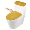 A white toilet seat with a yellow fleece cover and lid, showing the covers being lifted.