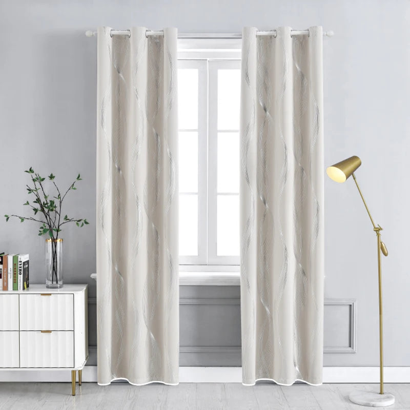 Silver Wave Pattern Blackout Curtains with Thermal Insulation and Noise Reduction