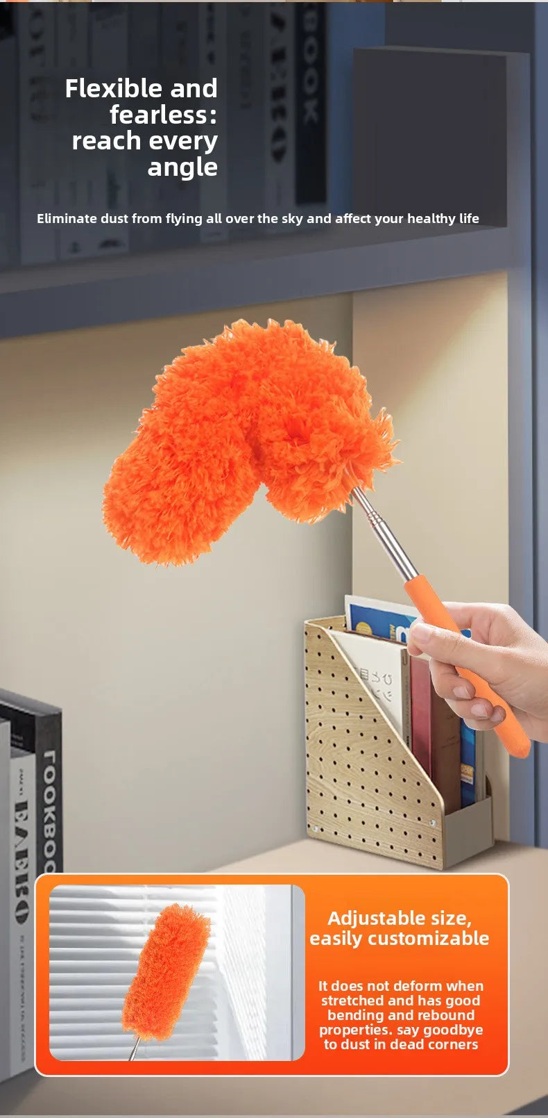 Orange extendable microfiber duster with a handle being used to clean dust from a corner.