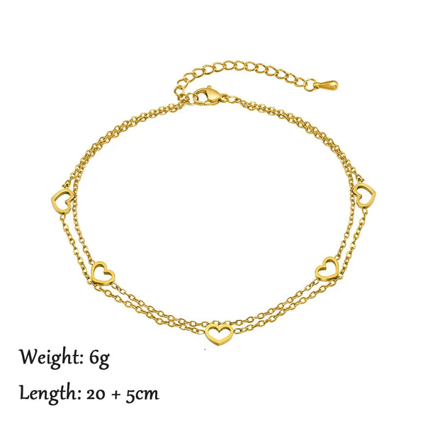 Gold stainless steel layered anklet chain with heart charms