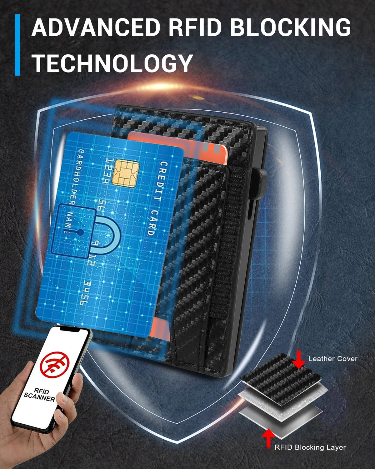 Eine Hand hält einen RFID-Scanner in der Nähe einer schwarzen Kartenhülle, die eine Kreditkarte zeigt.
