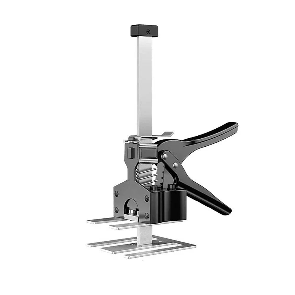 A silver adjustable tile leveling lifter with a clamp mechanism and a vertical rod.