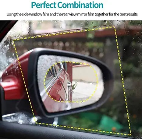Side window film and rear view mirror film combined for a clear, anti-fog, and anti-reflective car mirror.