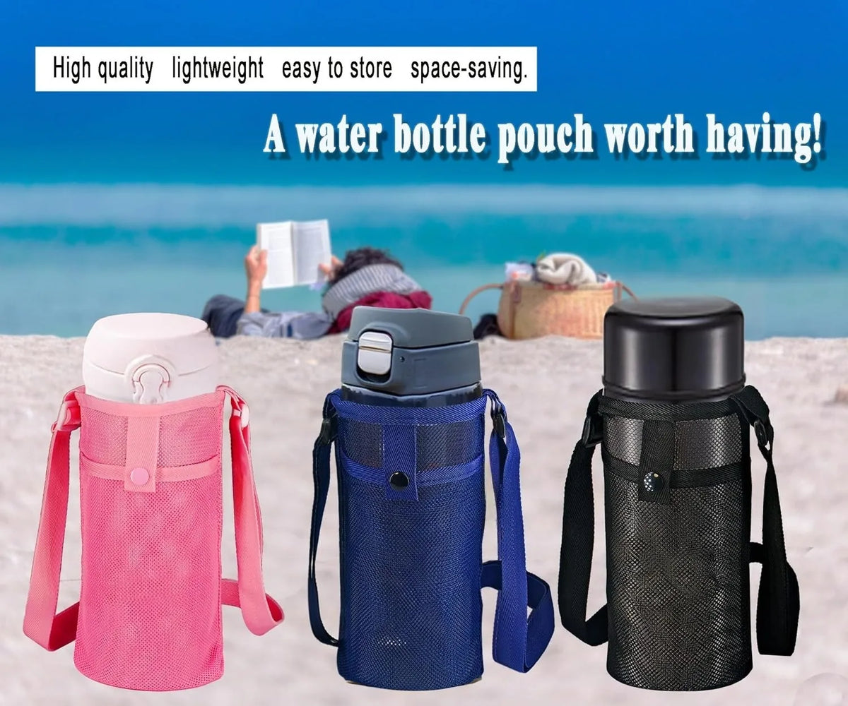 Three breathable mesh water bottle pouches in pink, blue, and black displayed on a sandy beach.