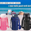 Three breathable mesh water bottle pouches in pink, blue, and black displayed on a sandy beach.