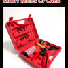 Red professional brake bleeder and vacuum pump kit with gauge shown open on a white background.