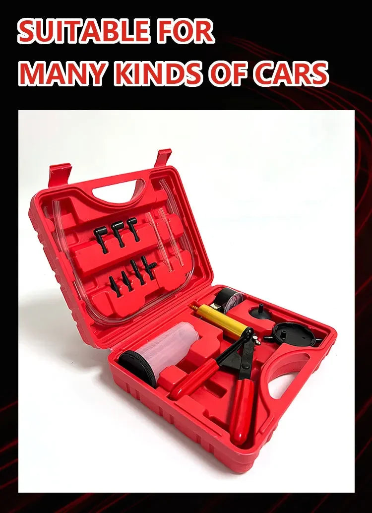 Red professional brake bleeder and vacuum pump kit with gauge shown open on a white background.