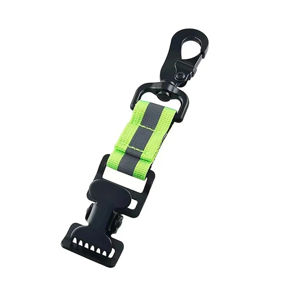 Black versatile glove and item clips for hanging with a neon green strap