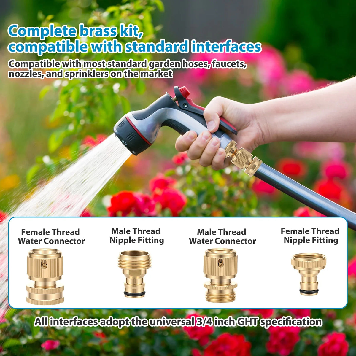 A hand holds a brass garden hose fitting kit demonstrating various thread connectors for universal use.