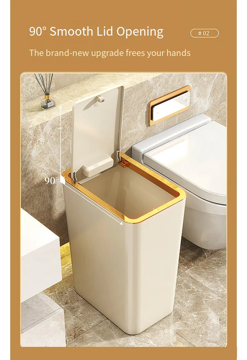 A beige pop-up slim trash can is shown with its lid opened to a 90-degree angle in a bathroom setting.