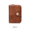 A brown leather short wallet with a zipper closure.