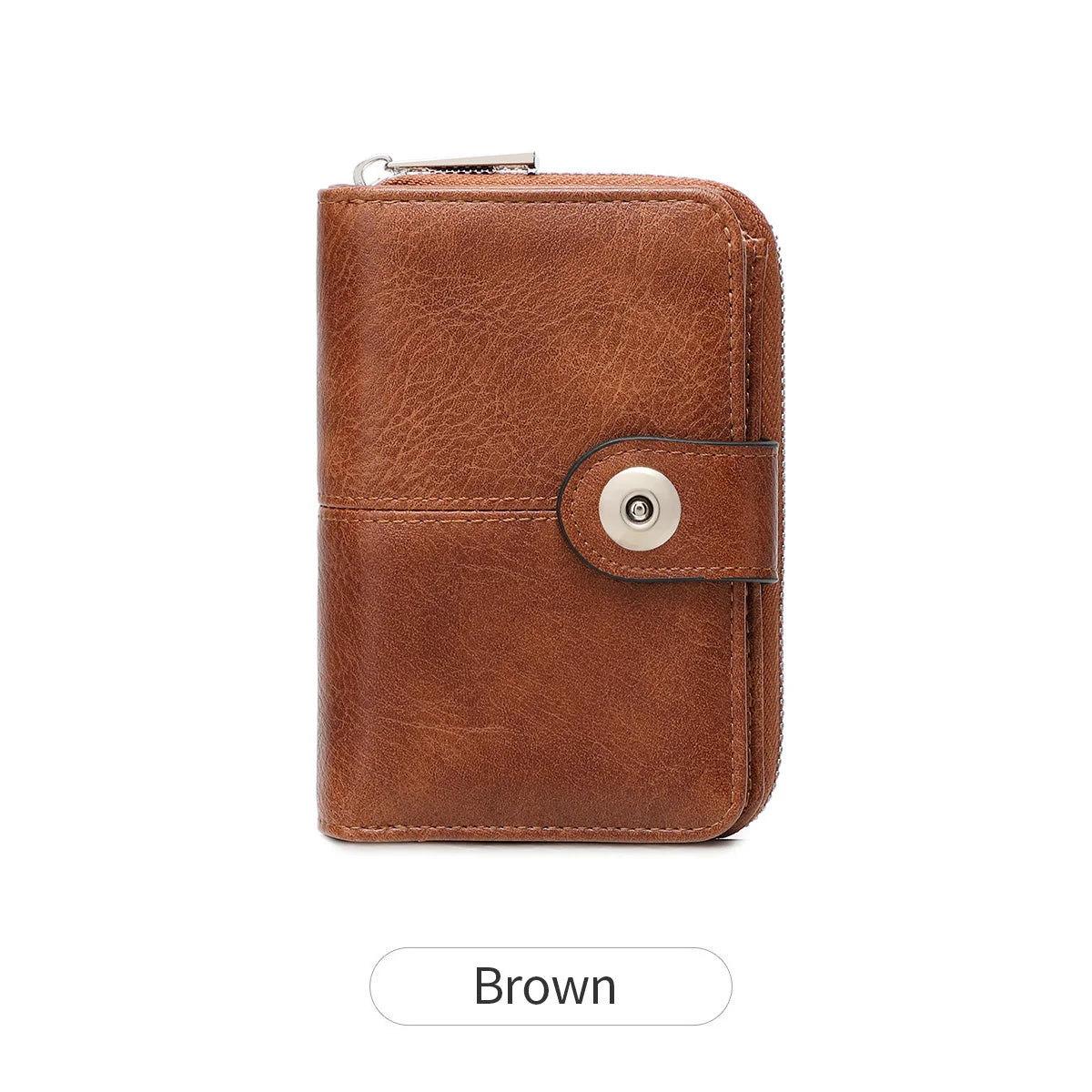 A brown leather short wallet with a zipper closure.