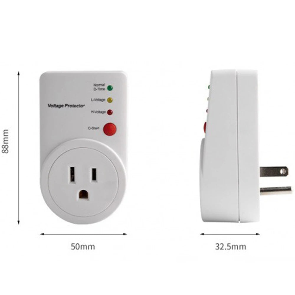 A white refrigerator voltage and surge protector device with a power outlet and indicator lights.