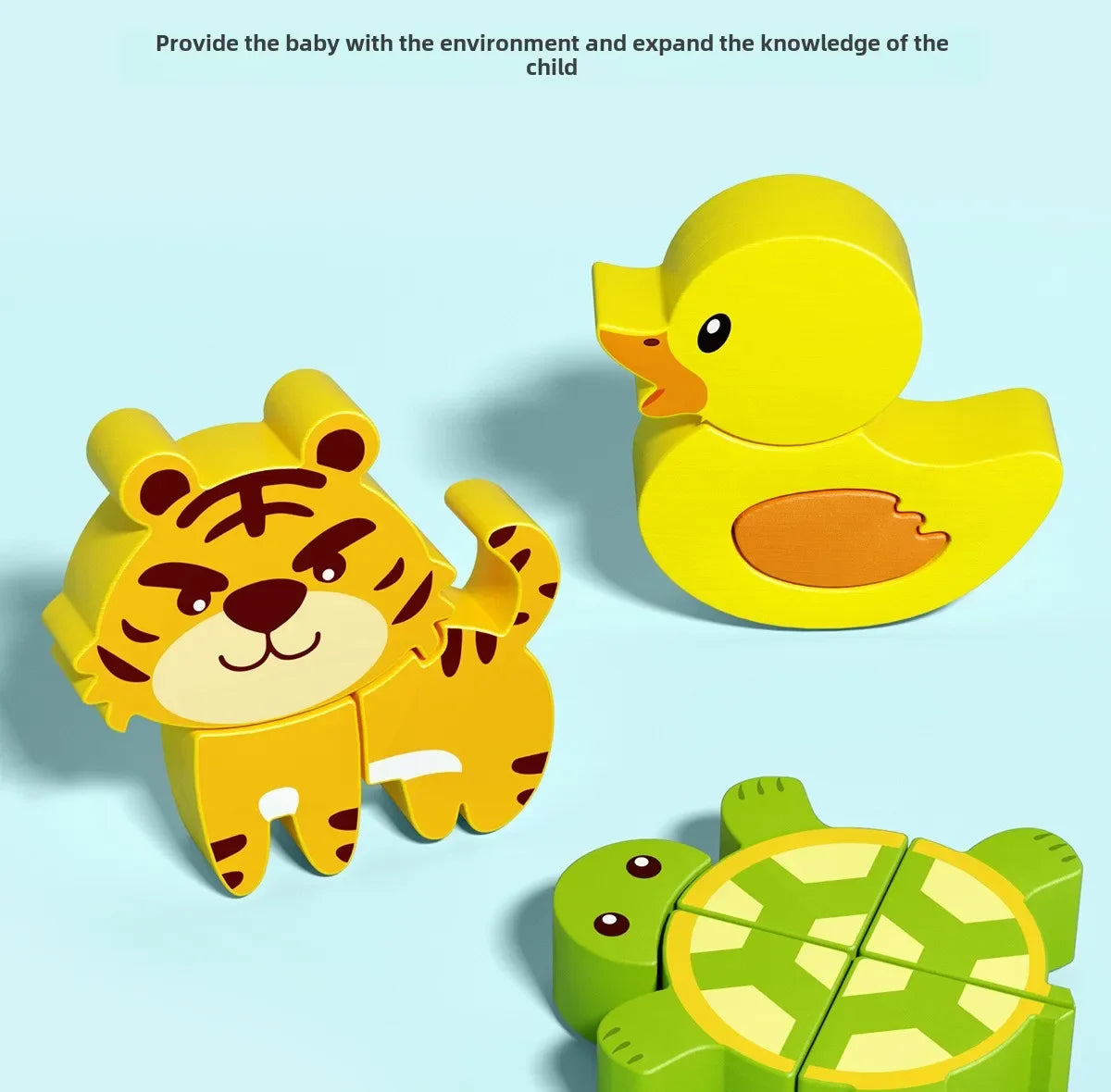 A set of wooden animal and traffic jigsaw puzzles featuring a tiger, a duck, and a green vehicle.