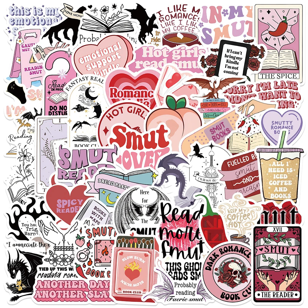 A collection of stickers featuring themes like smut, romance, and spicy reading for a Dark Romance Booktok sticker pack