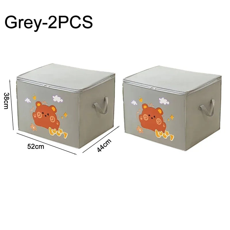 Two grey foldable storage bags with orange bear designs shown from the top and side.