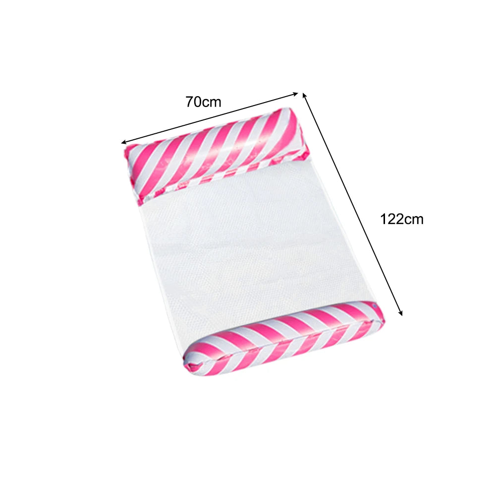 A white foldable floating water hammock with pink and white striped edges, shown in a rectangular shape.