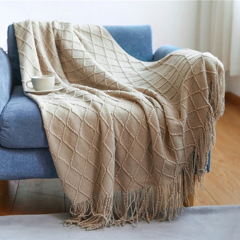 Khaki Knitted Throw Blanket with Tassels