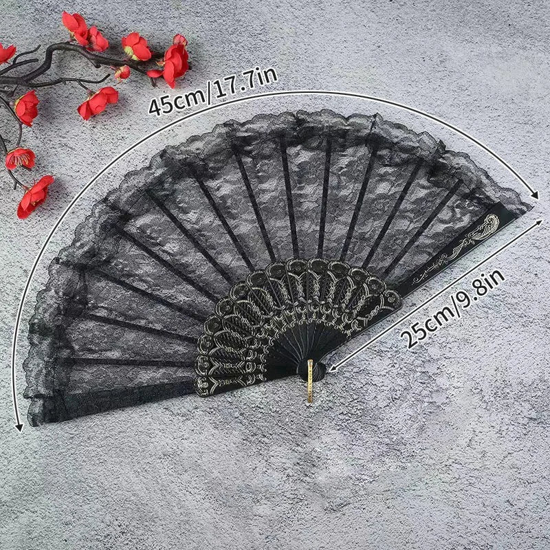 Black vintage lace folding hand fan with a durable handle shown against a gray background.