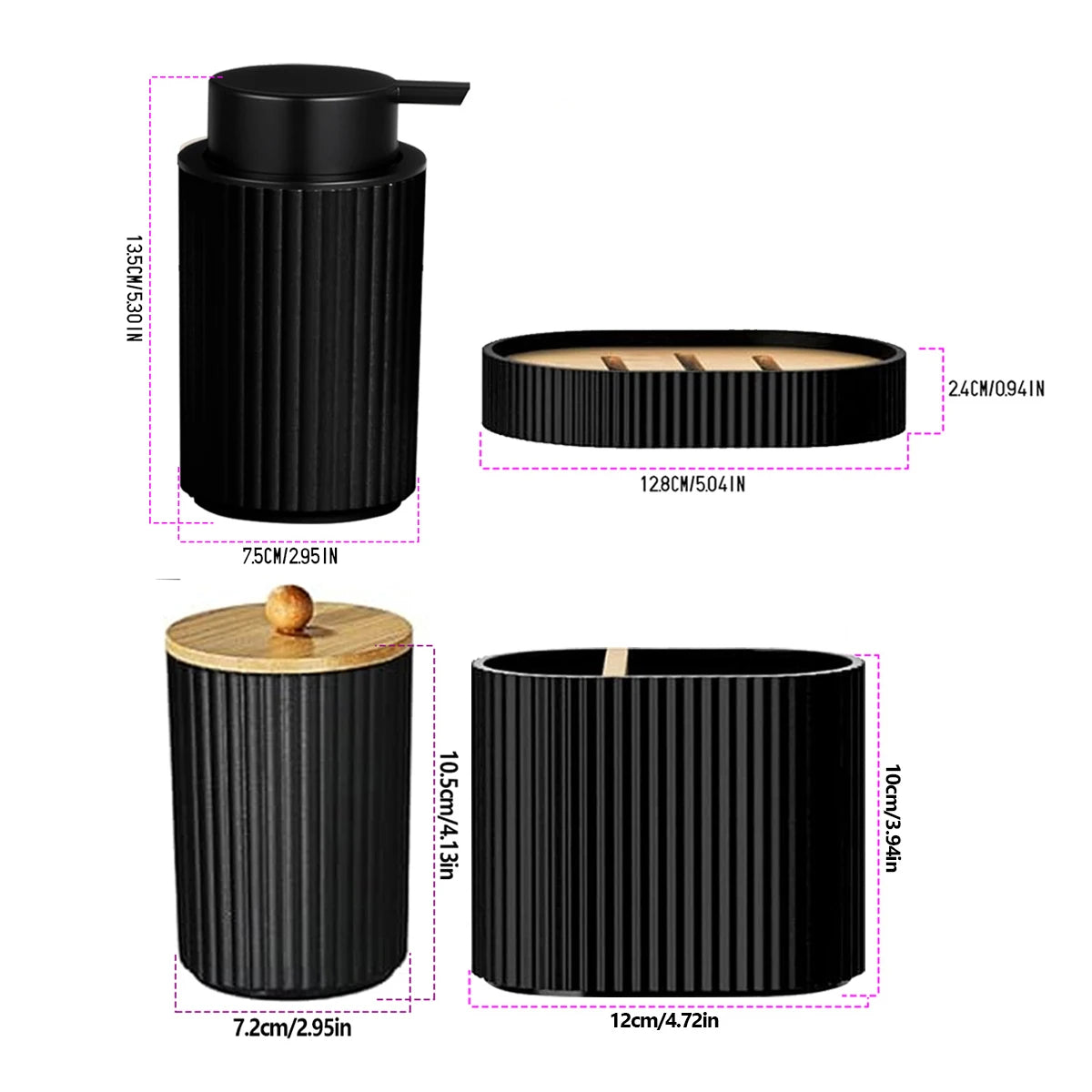 Matte black bathroom accessories set featuring a soap dispenser and holder.