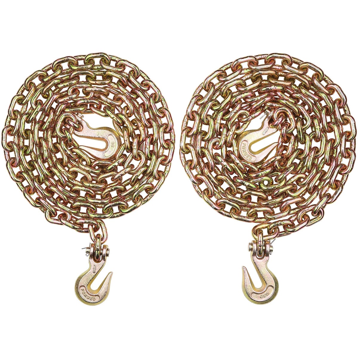 A pair of heavy-duty gold-toned binder chains with clevis hooks, used for transport or binding.