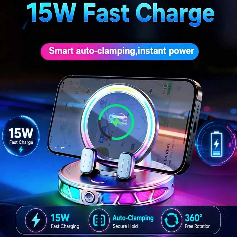 A phone is being fast charged by a wireless auto-clamping charger with an RGB ambient light and 360 degree rotation feature.