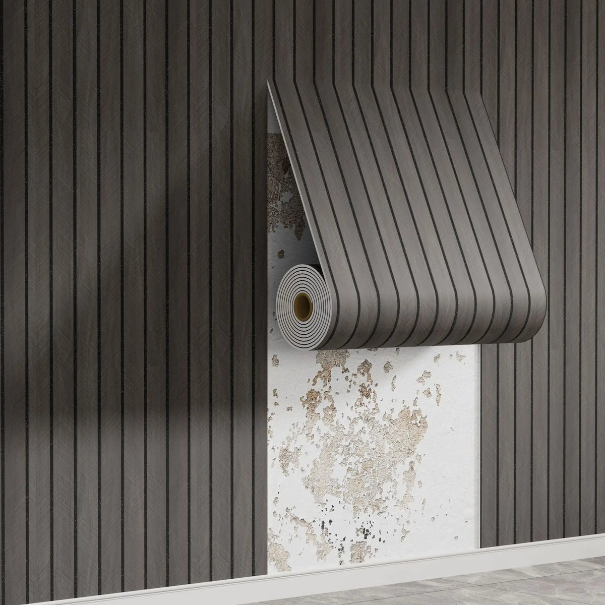 A close-up of wood grain peel-and-stick wall tiles installed on a gray wall, showing the texture and installation method.