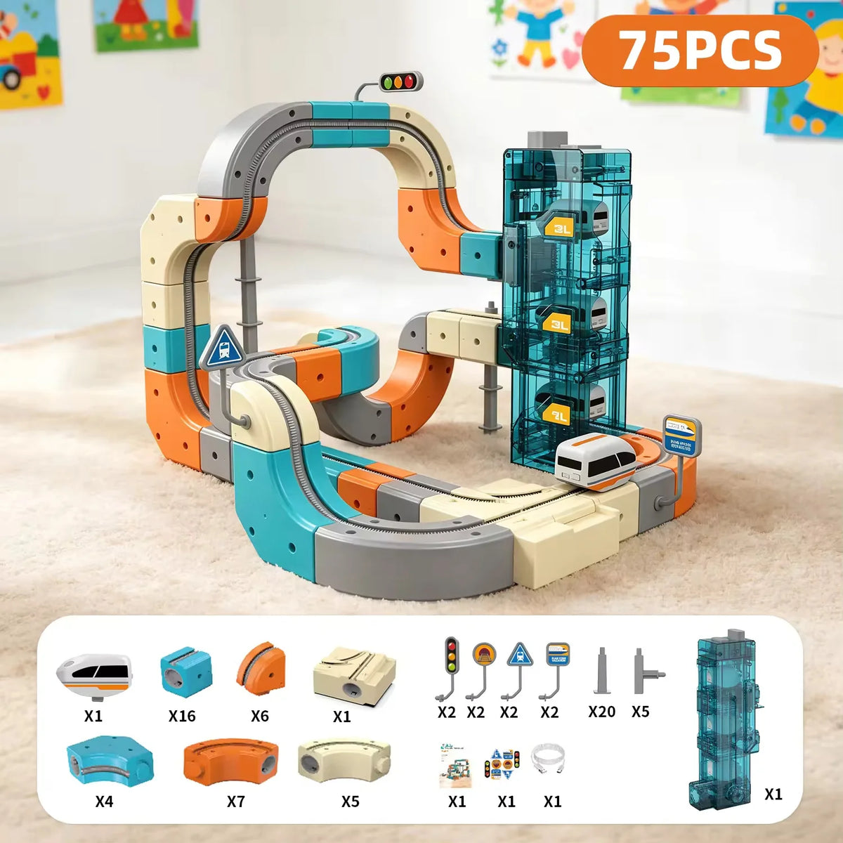 A magnetic building block train set featuring an orange and teal track and a blue electric engine with various components.