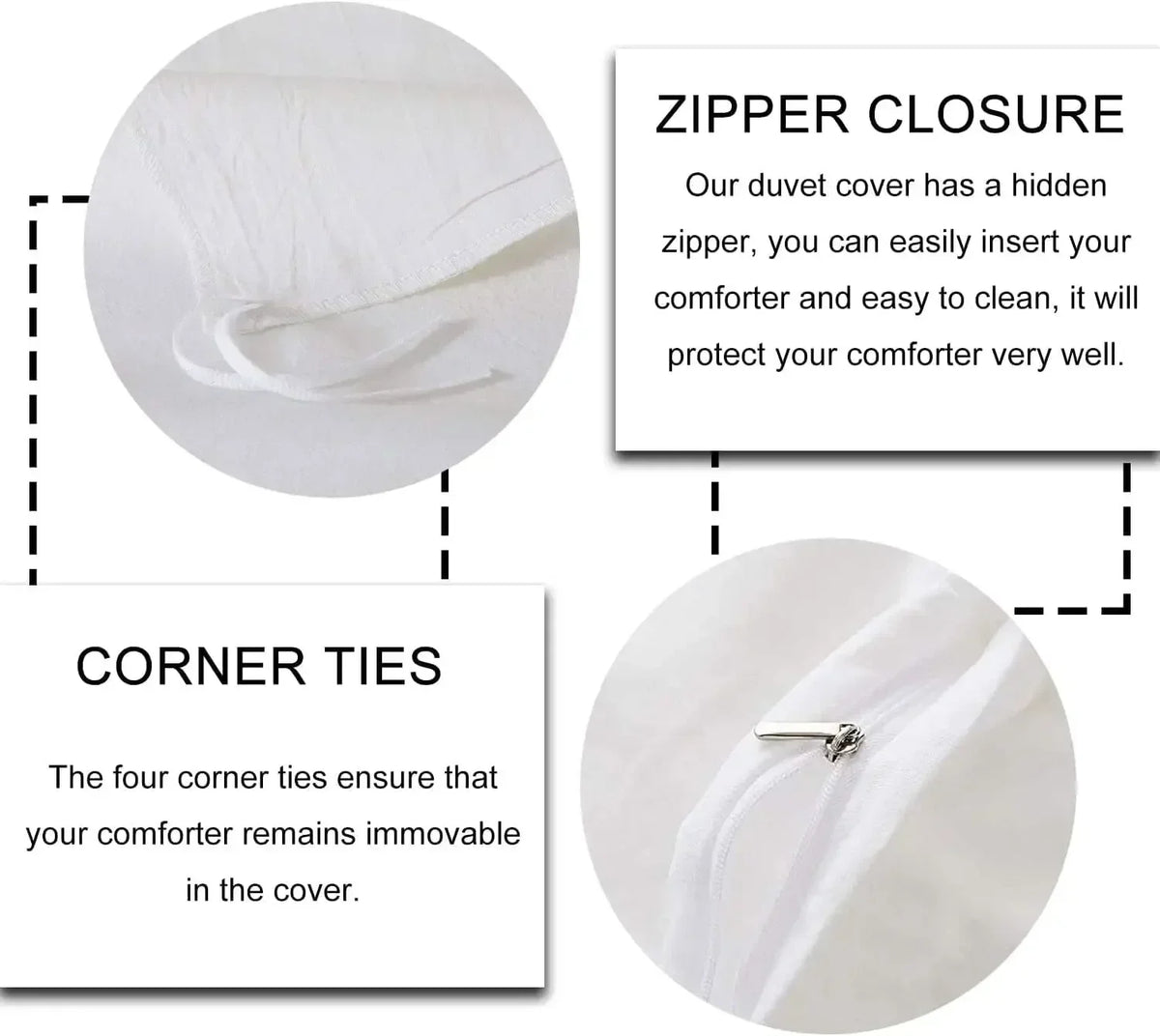 Close-up view of a white duvet cover showing zipper closure and corner ties.