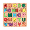 A wooden alphabet puzzle featuring uppercase letters A through Z cut into geometric shapes.