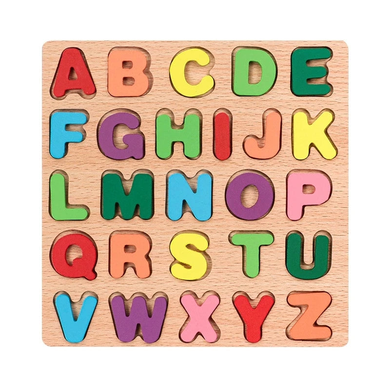 A wooden alphabet puzzle featuring uppercase letters A through Z cut into geometric shapes.