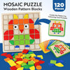 A wooden mosaic puzzle set with 120 pieces showing a cat pattern and loose wooden blocks.