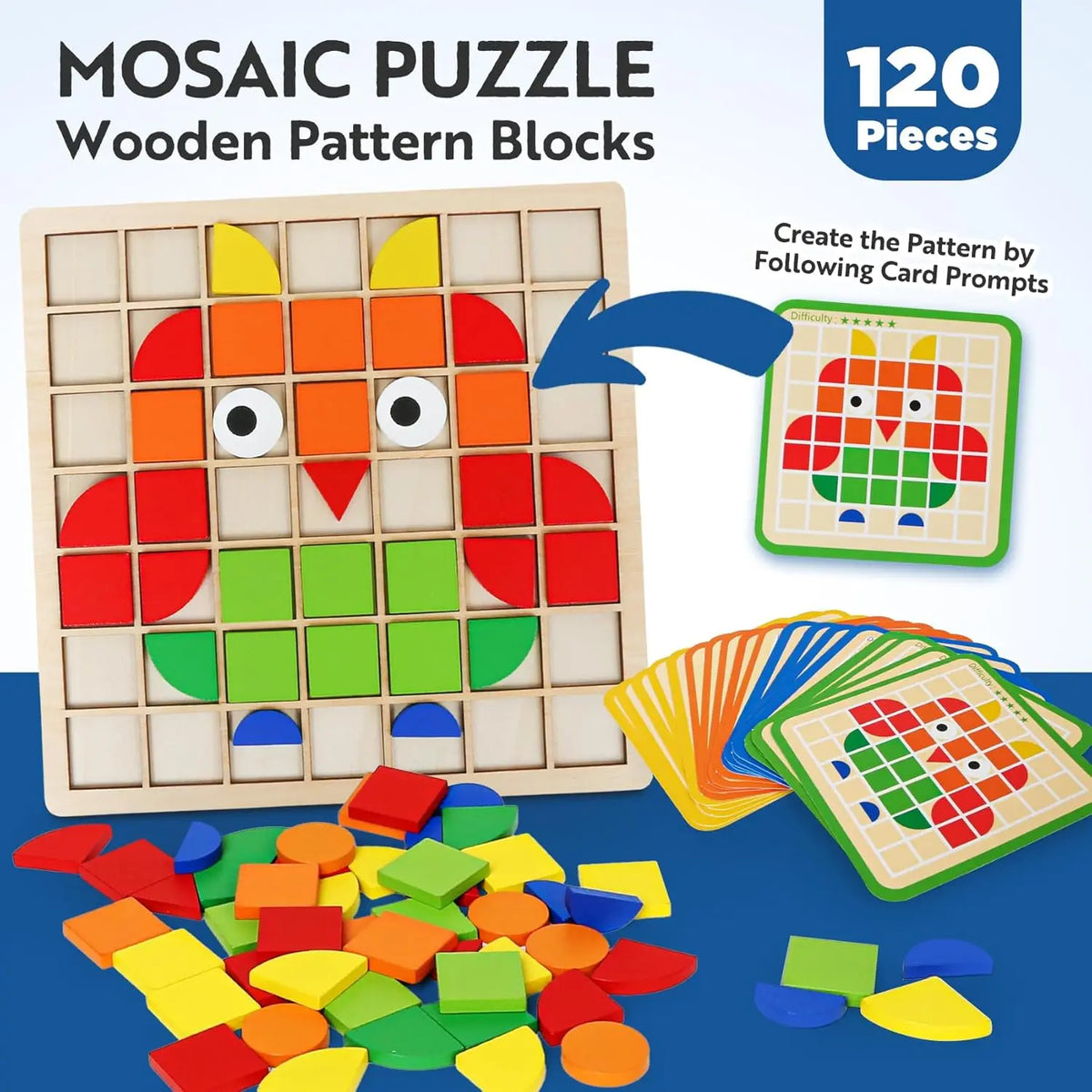 A wooden mosaic puzzle set with 120 pieces showing a cat pattern and loose wooden blocks.