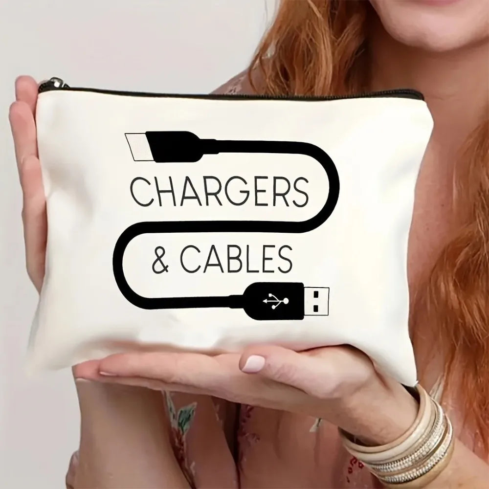 A cream canvas storage pouch featuring a black charger and cable design.
