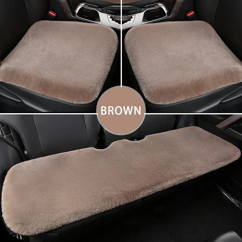 Brown plush rabbit fur car seat cushion shown in various angles.