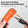 An orange one-touch locking portable bike lock is shown being held by a hand, with a heavy-duty chain lock nearby.