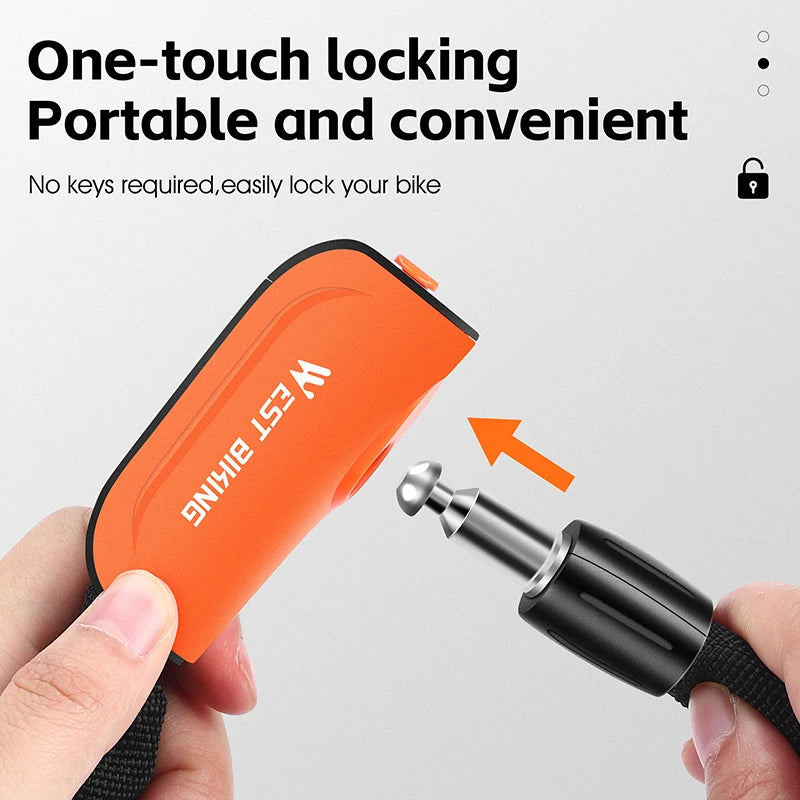 An orange one-touch locking portable bike lock is shown being held by a hand, with a heavy-duty chain lock nearby.