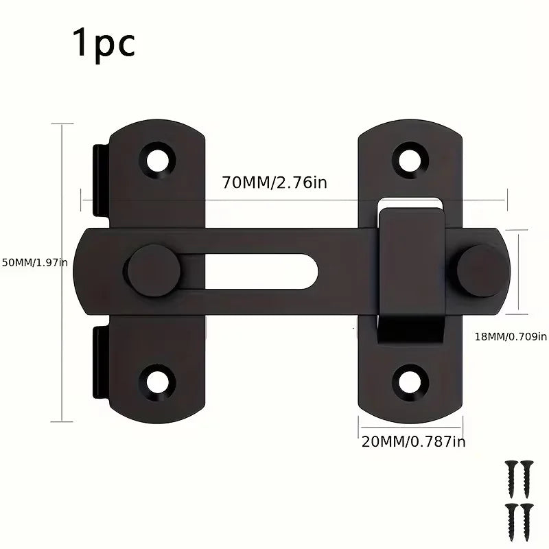 A black stainless steel flip barn door lock with mounting plates and keys.