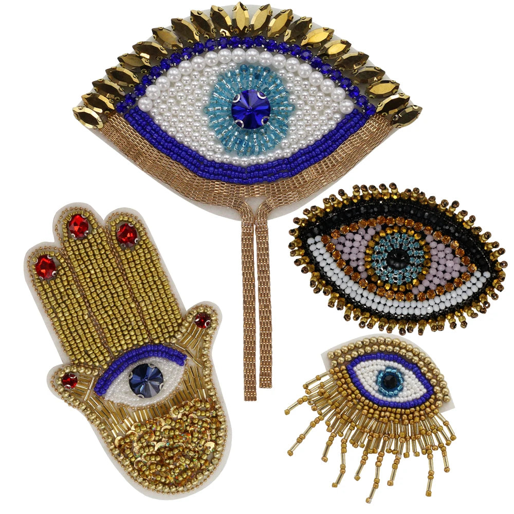 A collection of sparkling beaded rhinestone patches featuring various eye designs for clothing and DIY crafts