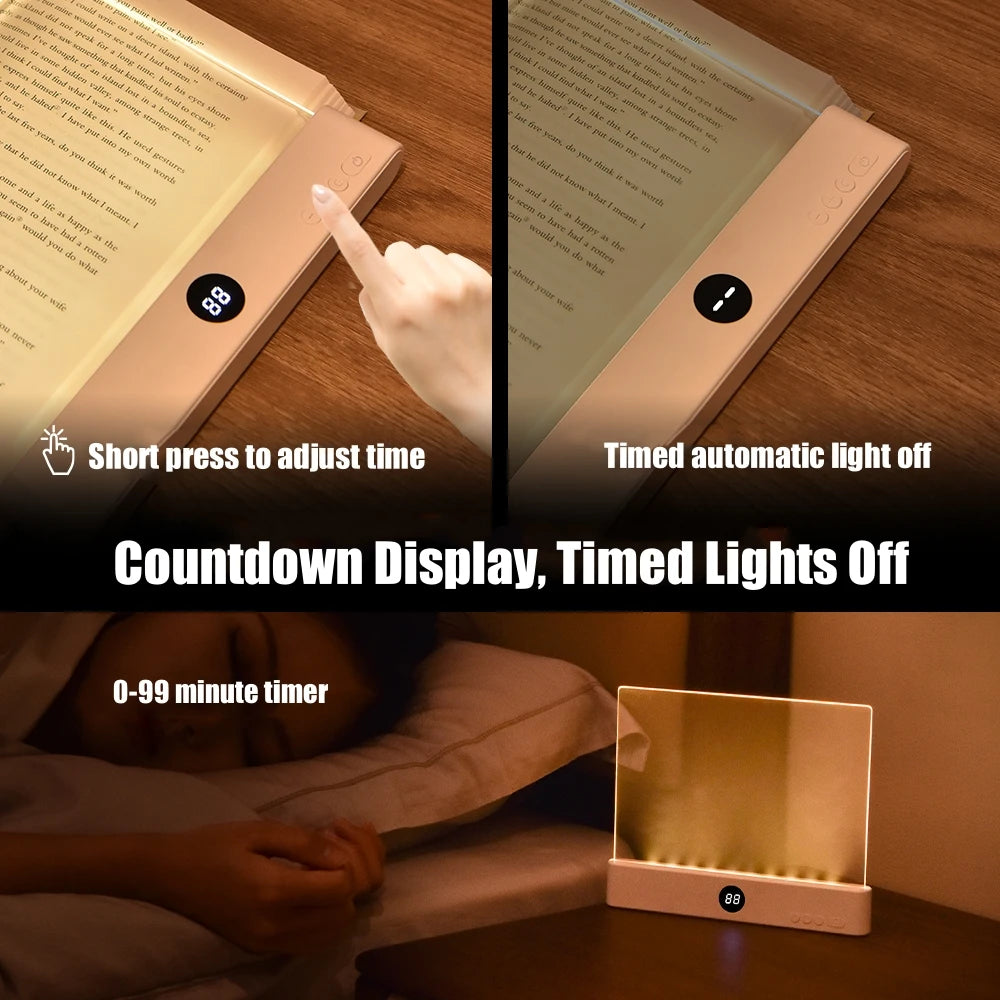 A slim LED reading light with a countdown display is shown next to a person sleeping.