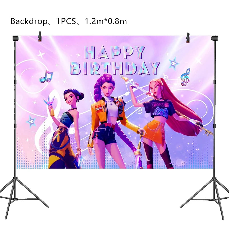 A backdrop featuring three anime-style girls celebrating a happy birthday with musical notes and sparkles.